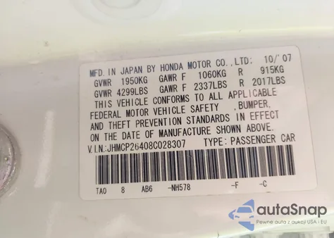 2008 Honda Accord 2.4 Lx-P z USA, uszkodzony, nr VIN JHMCP26408C028307